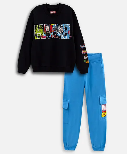 Nap Chief Cotton Knit Full Sleeves Marvel Avengers Featuring Characters Printed Light Winter Sweatshirt & Cargo Joggers Set - Jet Black