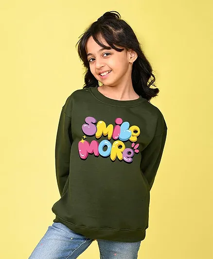 NUSYL Fleece Knit Full Sleeves Smile More Text Printed Light Winter Sweatshirt - Olive Green