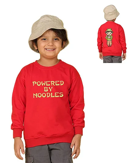 NUSYL Fleece Knit Full Sleeves Powered By Noodles Text Printed Light Winter Sweatshirt - Red