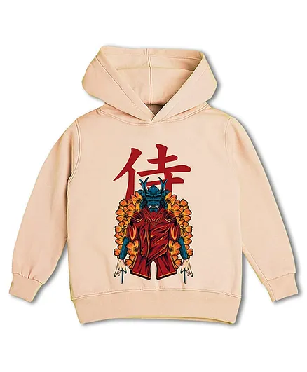 NUSYL Fleece Knit Full Sleeves  Japanese Warrior Printed Light Winter Hoodie -  Beige