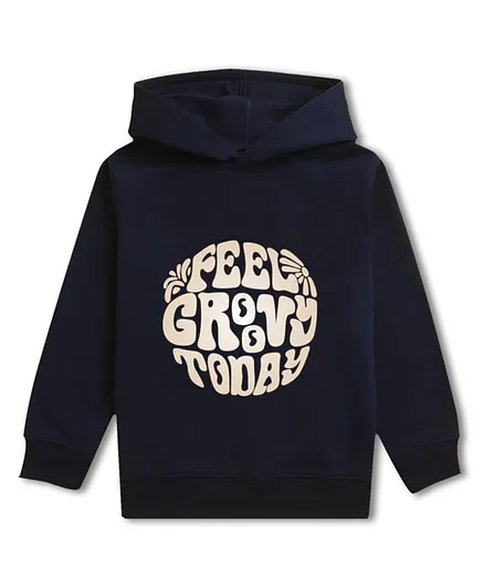 NUSYL Fleece Knit Full Sleeves Groovy Text Printed Light Winter Hoodie - Navy Blue