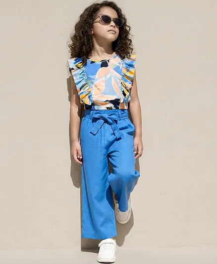 OLLINGTON ST. Rayon Half Sleeves Frill Floral Printed Top & Rayon Twill Culottes Set With Belt - Multicolor & Blue
