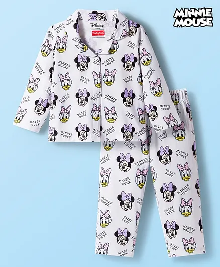 Babyhug Disney Single Jersey Knit Full Sleeves Co-ords Night Suit with Minnie Mouse Print - White