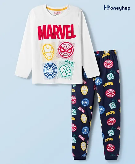 Honeyhap Marvel Single Jersey Knit Full Sleeves Night Suit With Marvel Print - White