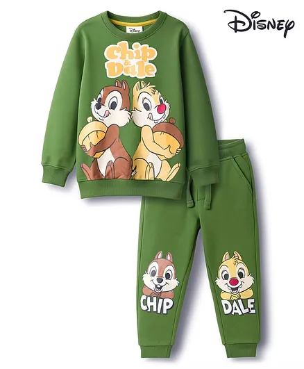 Babyhug Disney Single Jersey Knit Full Sleeves T-Shirt & Lounge Pant Set With Chip N Dale Graphic - Olive Green
