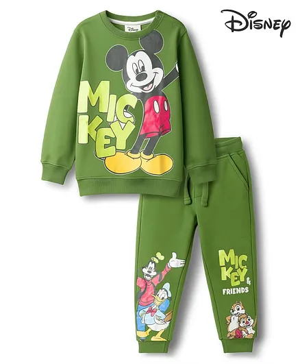 Babyhug Disney Single Jersey Knit Full Sleeves T-Shirt & Track Pant Set With Mickey & Friends Graphics - Olive Green