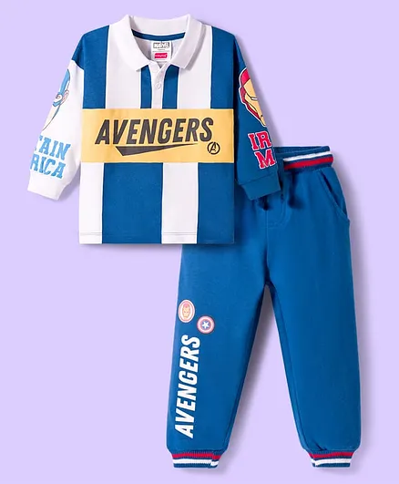 Babyhug Marvel Terry Knit Full Sleeves Cut & Sew Polo Sweatshirt & Track Pant Set with Avengers Graphic - Blue