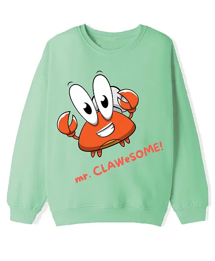 KAVEE Terry Knit Full Sleeves Mr Clawesome Text Crab Printed Light Winter Sweatshirt - Olive Green