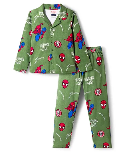 Pine Kids Marvel Single Jersey Knit Full Sleeves Co-ord Night Suit With Spider-Man Print - Green