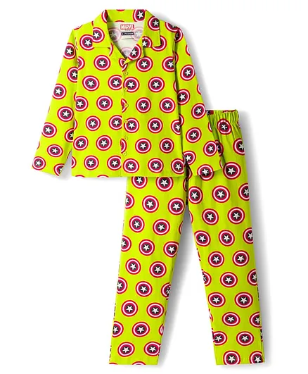 Pine Kids Marvel Single Jersey Knit Full Sleeves Co-ords Night Suit With Captain America Print - Light Green