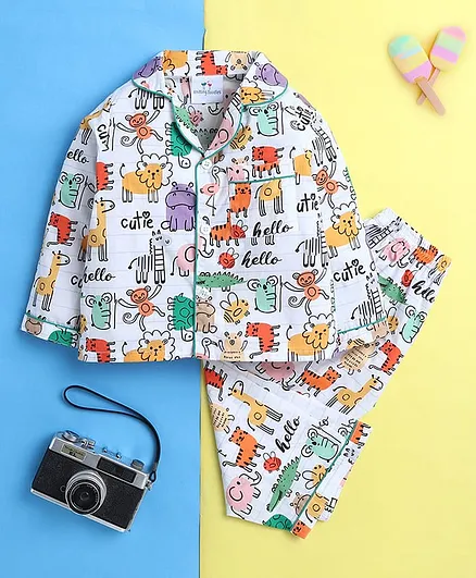 Knitting Doodles Pure Cotton Woven Full Sleeves Animals Printed Coordinating Night Suit Set - White