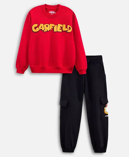 Nap Chief Pure Cotton Knit Garfield Featuring Full Sleeves Character Printed Winter Sweatshirt With Cargo Joggers Set - Red