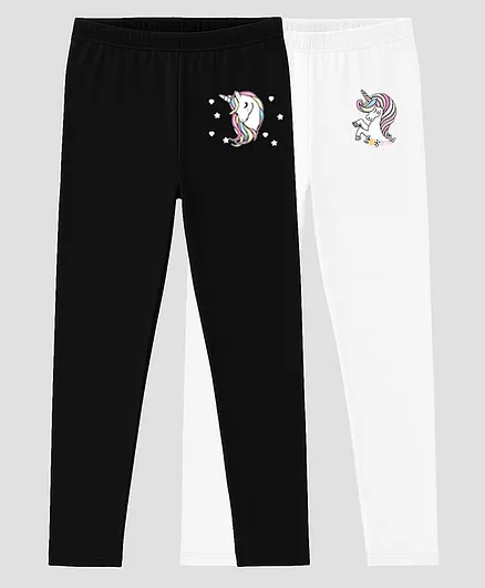 Charm n Cherish Cotton Blend Knit Pack Of 2 Unicorn Printed Leggings - Black & White