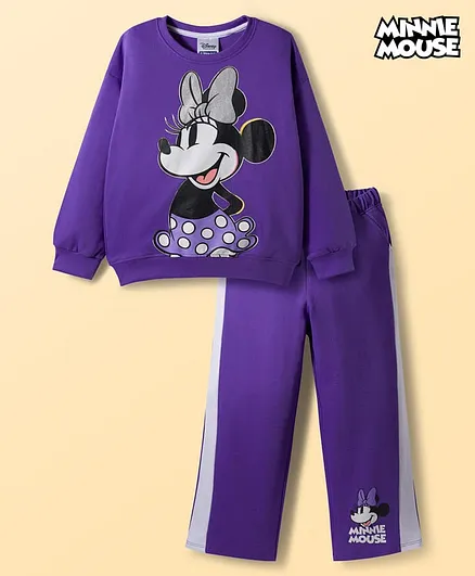 Pine Kids Disney Terry Knit Drop Shoulder Full Sleeves T-Shirt & Lounge Pant Set with Minnie Mouse Graphic - Purple