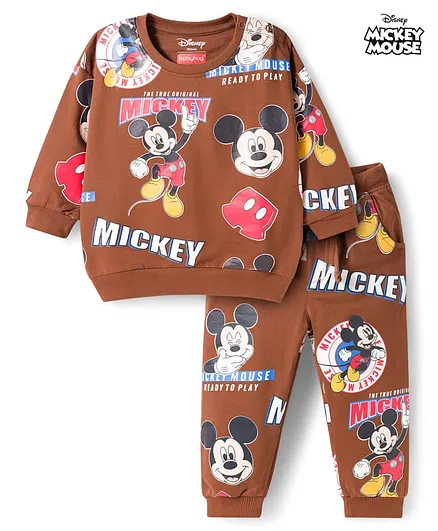 Babyhug Disney Terry Knit Full Sleeves Co-ords T-Shirt & Lounge Pant Set with Mickey Mouse Print - Brown