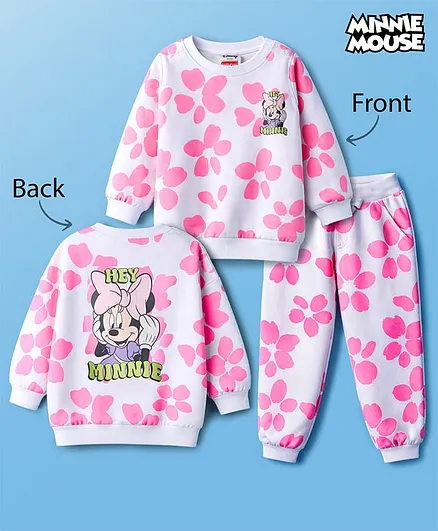 Babyhug Disney Terry Knit Full Sleeves T-Shirt & Track Pant with Minnie Mouse Graphic & Badge Detailing - White