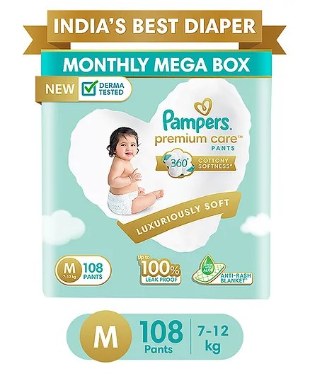 Pampers Premium Care Pants, Medium size baby diapers (M), 108 Count, Softest ever Pampers pants
