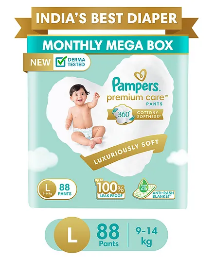 Pampers Premium Care Pants, Large size baby diapers (L), 88 Count, Softest ever Pampers pants