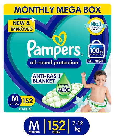 Pampers All round Protection Pants, Medium size (MD) 152 Count, Anti Rash diapers, Lotion with Aloe Vera