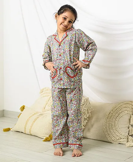 Fairies Forever Cotton Woven Full Sleeves Floral Printed Coordinating Night Suit Set - Multi Colour