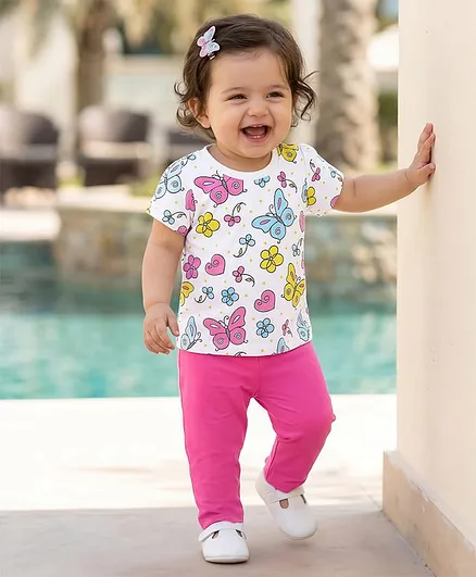 Doodle Poodle 100% Cotton Single Jersey Knit Half Sleeves Top & Lounge Pant Set With Butterfly & Floral Print - White & Pink