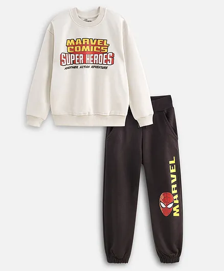 Nap Chief Cotton Blend Knit Marvel Featuring Full Sleeves Spider Man Printed Winter Sweatshirt & Joggers Set - Off White