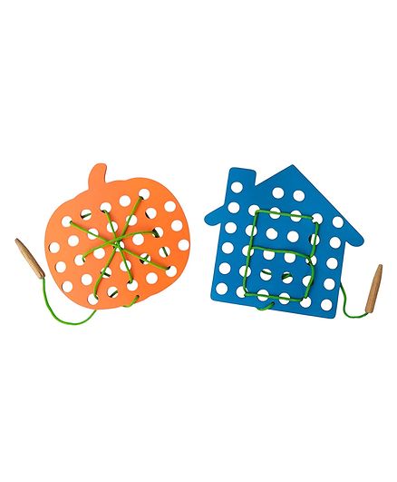 GYANOTOY Wooden Lacing Toy - Set of 2 | House & Pumpkin Shape - with Lacing Thread and Wooden Tips | 15x15 cm Each | Multicolor Non-Toxic Painted | Cognitive & Fine Motor Development | Age 3 Years+