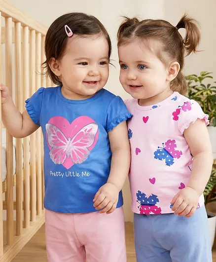 Babyoye 100% Cotton Knit Half Sleeves Jhablas With Eco Jiva Finish Butterfly Print Pack of 2 - Blue & Pink
