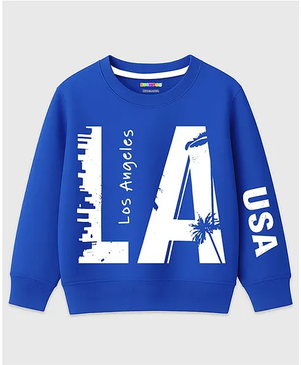 KUCHIPOO Fleece Knit Full Sleeves Los Angeles Text Printed Light Winter Sweatshirt - Blue
