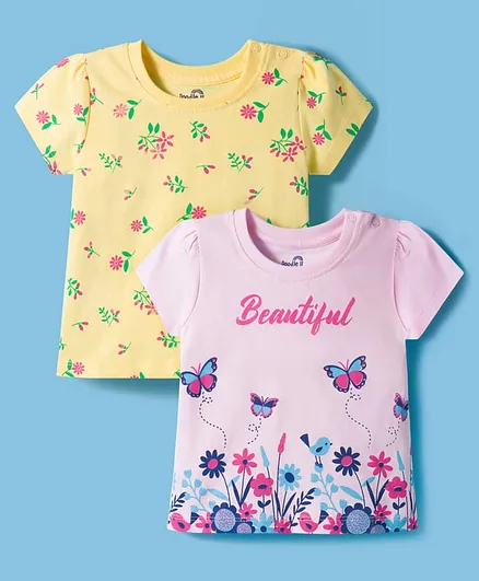 Doodle Poodle 100% Cotton Knit Half Sleeves T-Shirts with Floral Print Pack of 2 - Pink & Yellow