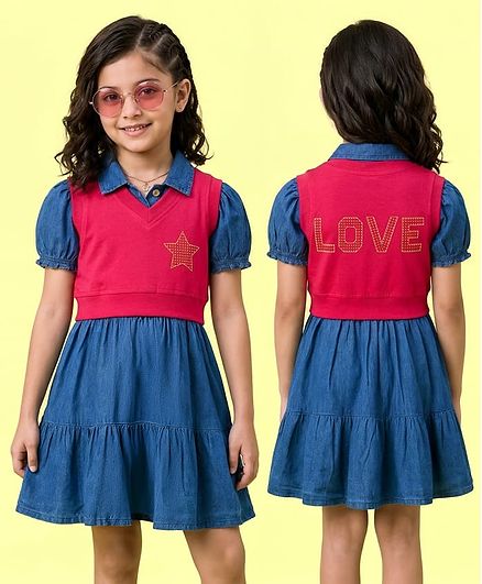 OLLINGTON ST. Cotton Sleeveless Top & Denim Inner Half Sleeves Dress  - Blue