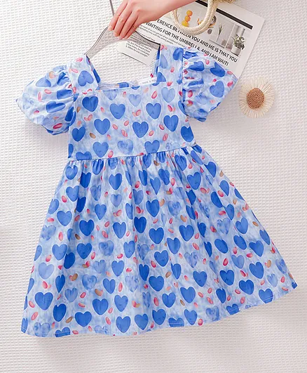 Mark & Mia Cotton Half Sleeves Heart Printed Tiered Frock - Blue