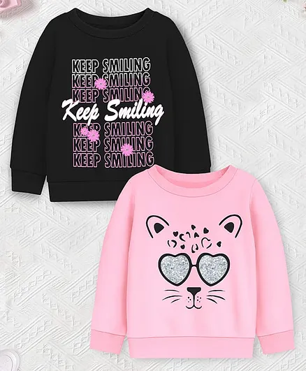 Trampoline Fleece Knit Pack Of 2 Full Sleeves Animal & Keep Smiling Text Printed Light Winter Sweatshirts - Black & Pink