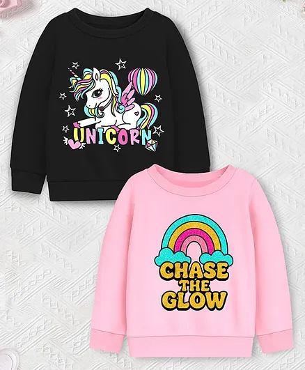 Trampoline Fleece Knit Pack Of 2 Full Sleeves Unicorn & Chase The Glow Text Printed Light Winter Sweatshirts - Black & Pink