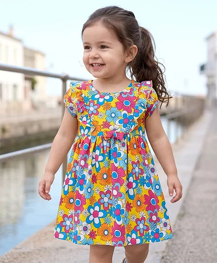 Babyhug Interlock Knit Half Sleeves Floral Printed Frock with Frill Detailing - Multicolour