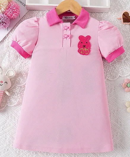 Mark & Mia Half Sleeves Frock with Bear Patch Detailing - Pink