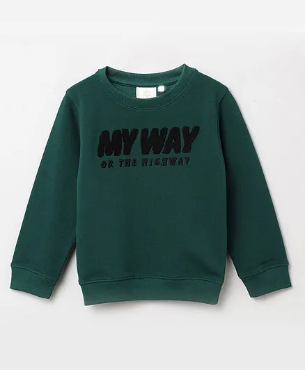 BYB Premium Cotton Knit Full Sleeves My Way Text Embroidered Light Winter Sweatshirt - Green