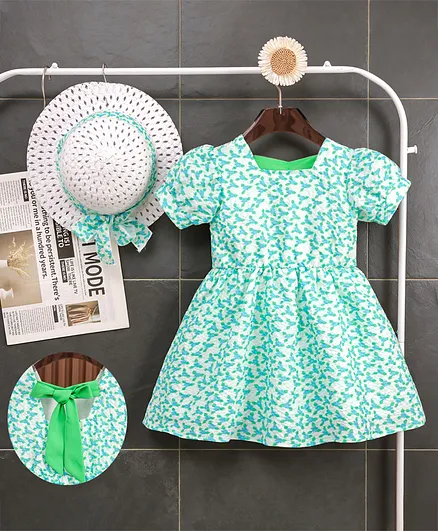 Mark & Mia Half Puffed Sleeves Floral Printed Fit & Flared Frock with Hat - Sea Green