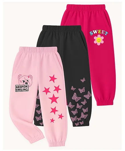 KUCHIPOO Cotton Blend Knit Pack Of 3 Stars & Butterflies Printed Joggers - Pink Black & Fuchsia