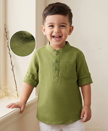 Babyhug Linen Woven Full Sleeves Solid Colour Mandarin Collar Kurta Style Shirt - Green