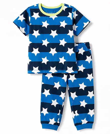 Honeyhap Premium 100% Cotton Knit Half Sleeves Star Printed Co-Ords T-Shirt & Pyjama Night Suit with Bio Finish-White & Blue