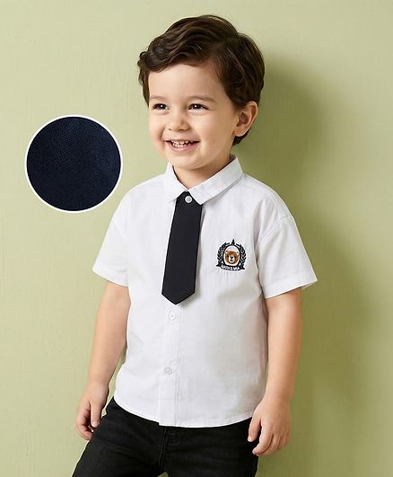 Mark & Mia Woven Half Sleeves Solid Shirt with Tie & Brand Embroidery - White