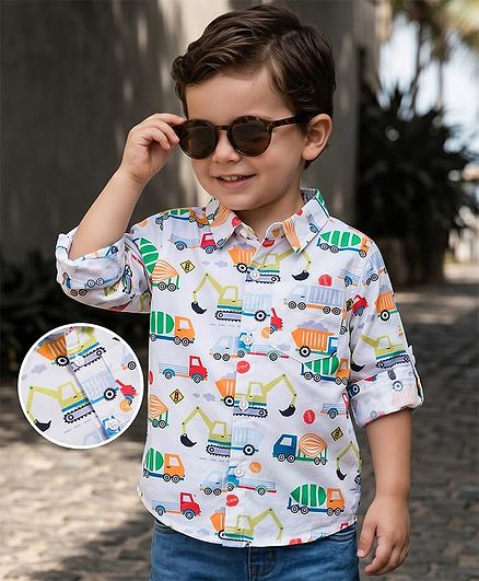 Mark & Mia Woven Full Sleeves Vehicle Printed Shirt with Pocket Detailing - White