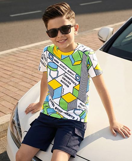 OLLINGTON ST. Cotton Knit Half Sleeves T-Shirt & Shorts Set with Text Print - Multicolor & Navy Blue