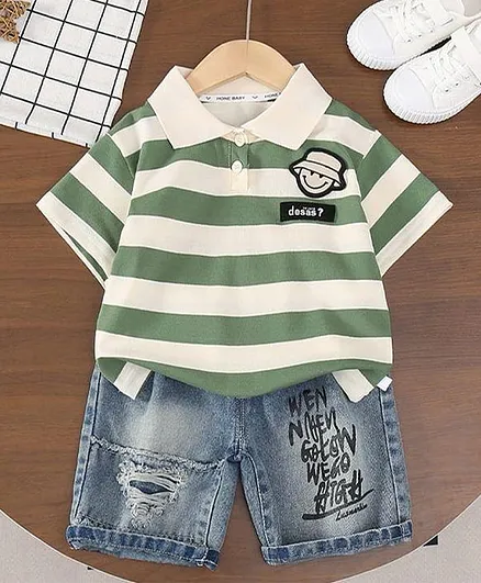 POP STREET KIDS Cotton Knit Half Sleeves Striped Smiley Patch Detailed Polo Tee & Shorts Set - Green