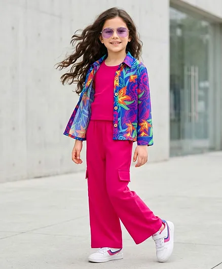 OLLINGTON ST. Georgette Woven Full Sleeves Floral Printed Top With Inner Tee & Cotton Lycra Culottes Set - Multicolour & Dark Pink