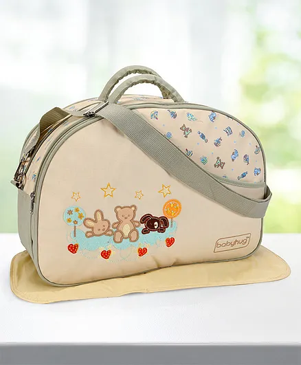 Babyhug Diaper Bag With Changing Mat Rabbit & Bear Print - Cream