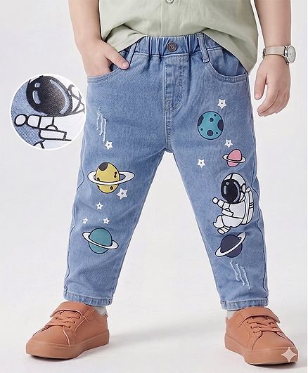 Mark & Mia  Cotton Lycra Full Length Denim  Jeans with Space Theme Print Detailing - Blue