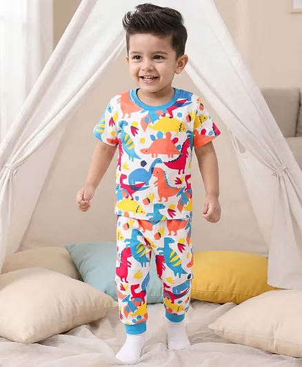 Babyhug Cotton Knit Half Sleeves Co-ords T-Shirt & Pajama Night Suit with Dino Print - Multicolor