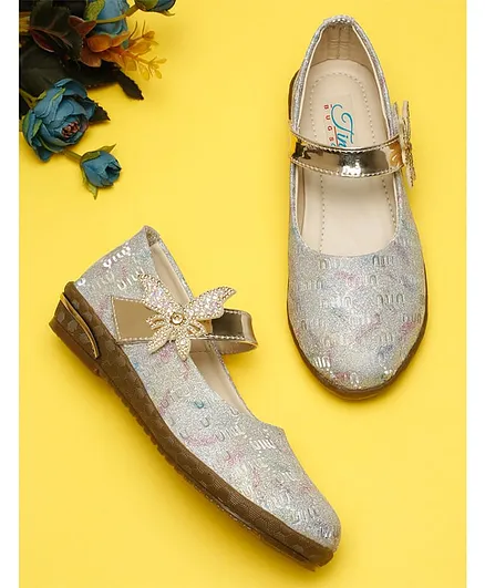 Tiny Bugs Glittered Butterfly Applique Detailed Velcro Closure Mary Jane Ballerinas -Multi Colour